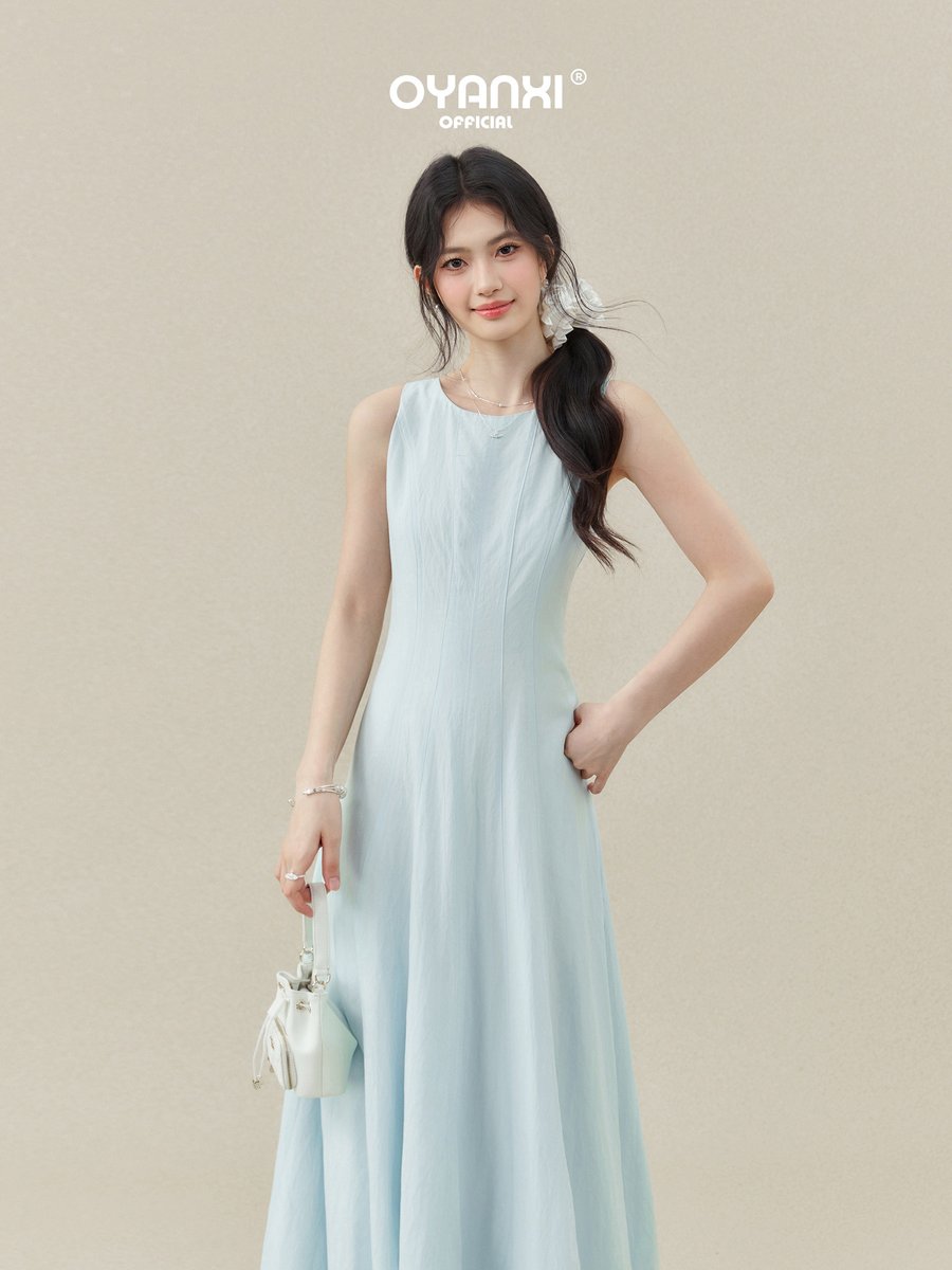 OYANXI クルーネック ノースリーブ ウエストシェイプ ロングワンピース