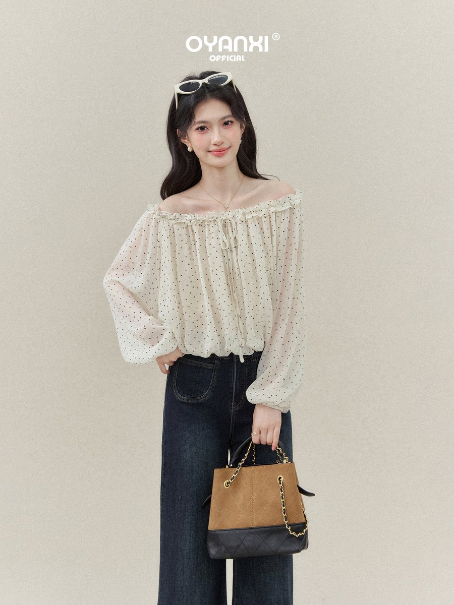 OYANXI ドット柄 フリル オフショルダー ブラウス