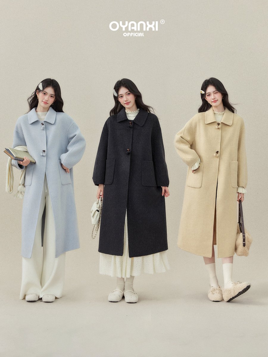 OYANXI ポンポンボタン 襟付き ロングコート