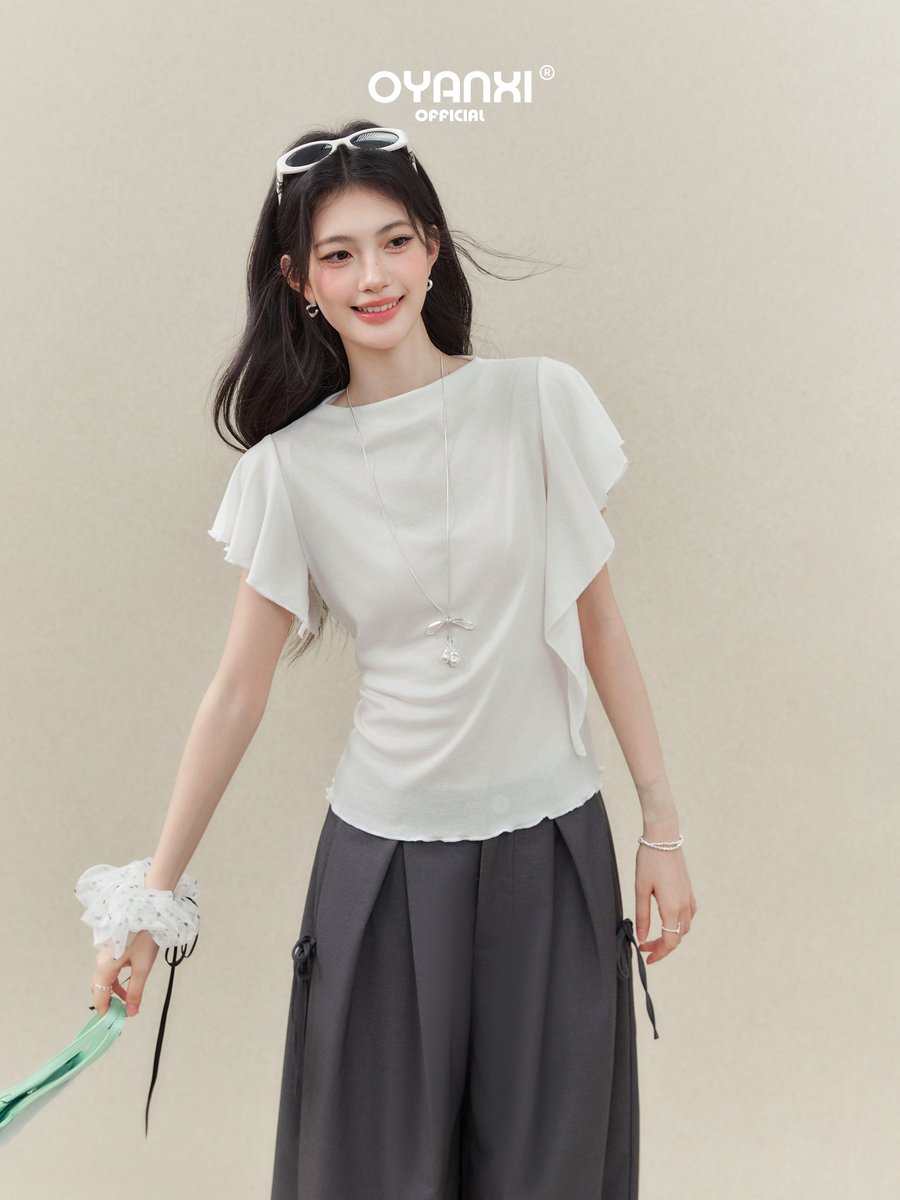 OYANXI フリルスリーブ スリムシルエット 半袖Tシャツ
