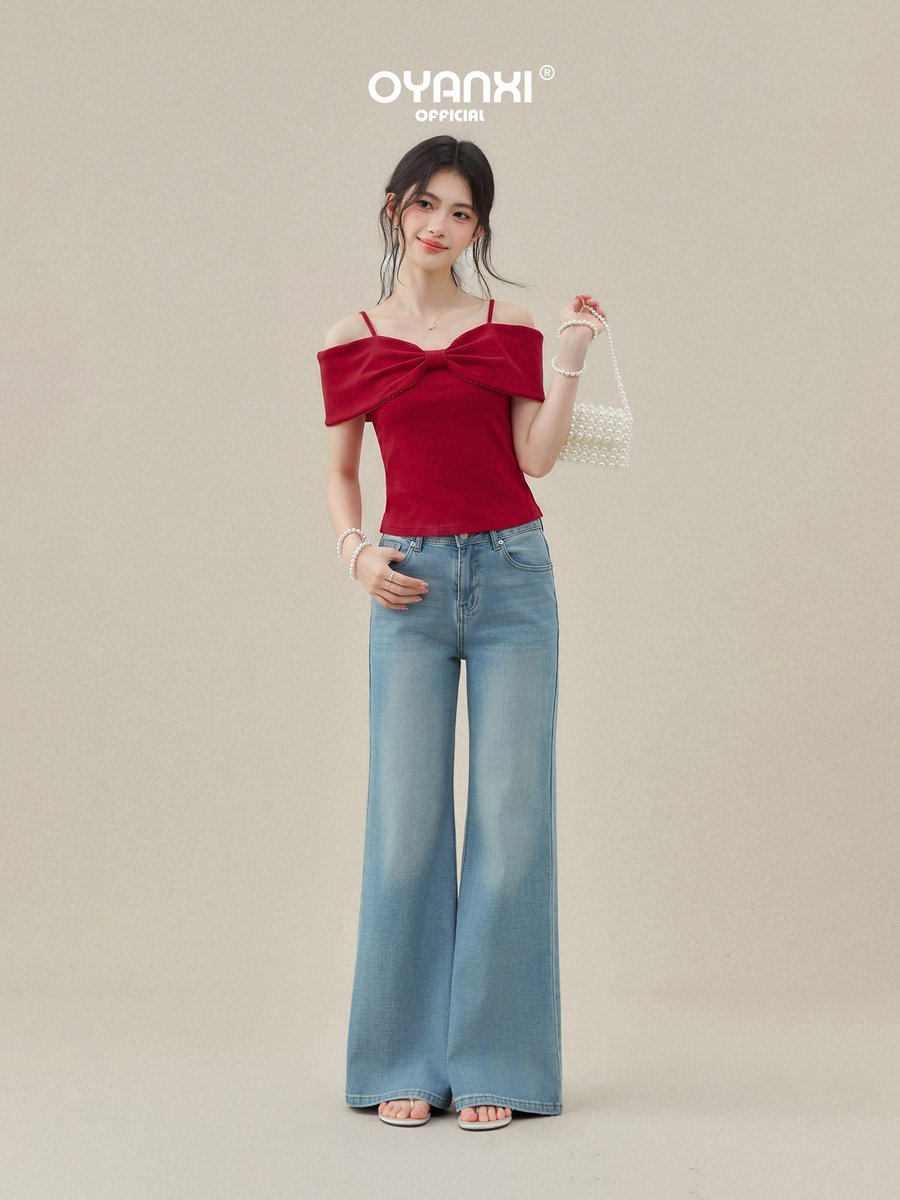OYANXI リボン オフショルダー スリム 半袖Tシャツ