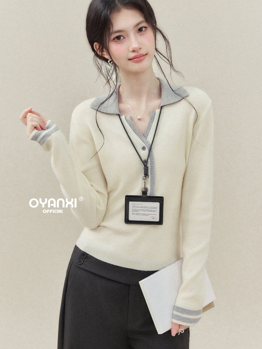 OYANXI 配色 襟付き Vネック ボタン ニット