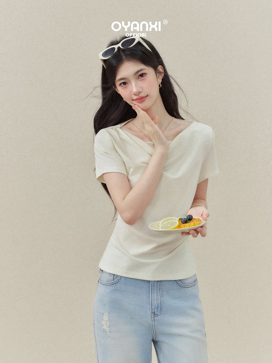 OYANXI シンプル ドレープネック スリム 半袖Tシャツ