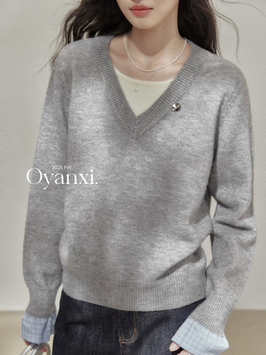 OYANXI Vネック フェイクレイヤード 長袖ニット グレー