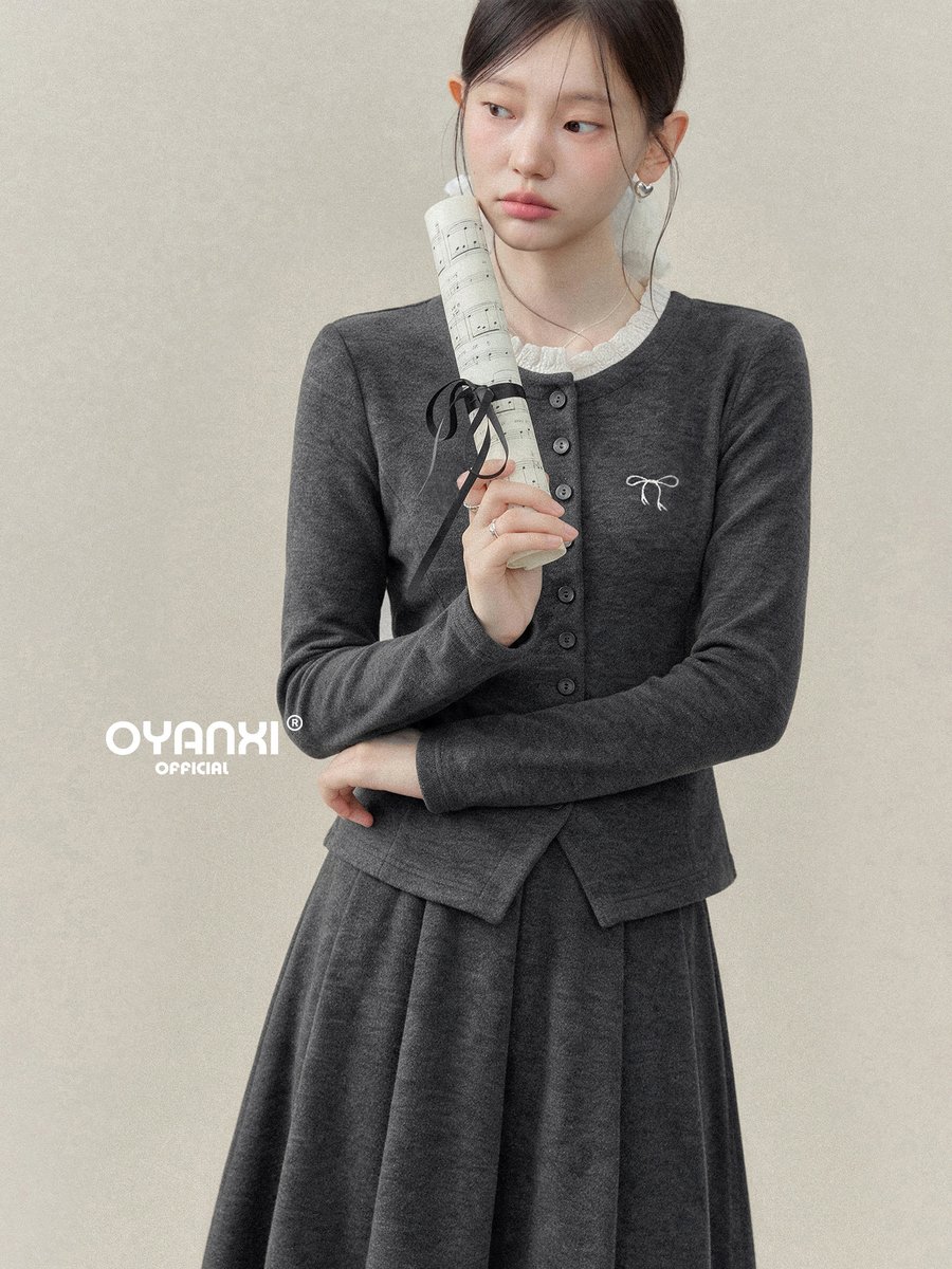 OYANXI レイヤード風 ニットカーディガン×ハイウエストAラインスカート 2点セット