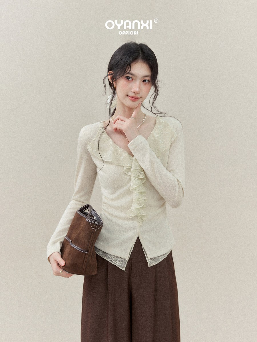 OYANXI レースフリル Vネック アシンメトリーヘム Tシャツ