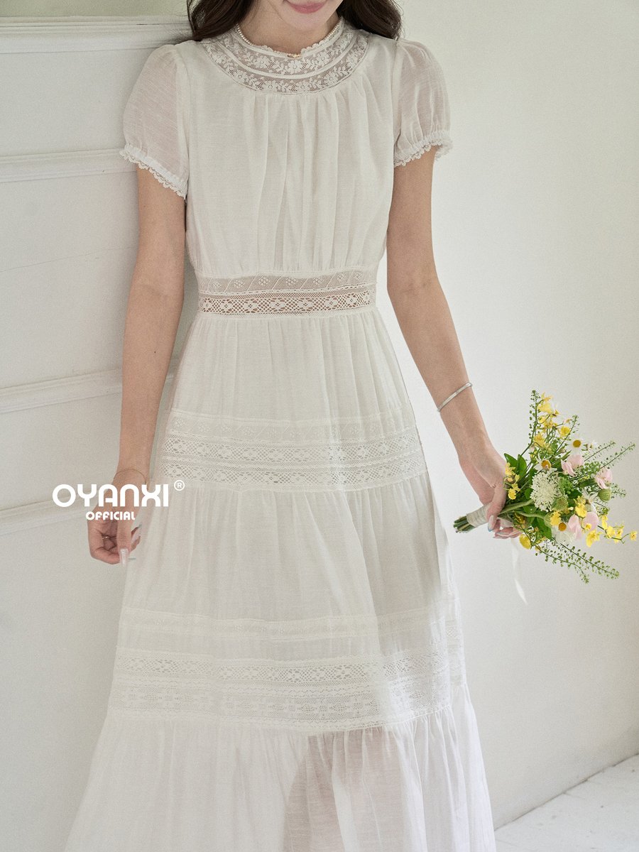 OYANXI レース切り替え パフスリーブ 半袖ロングワンピース