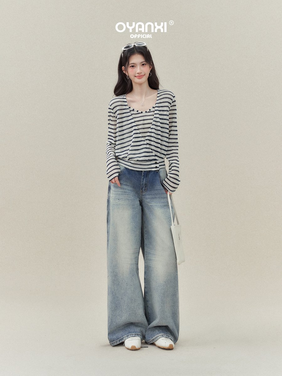OYANXI ストライプ キャミソール＆Vネック長袖Tシャツ 2点セット