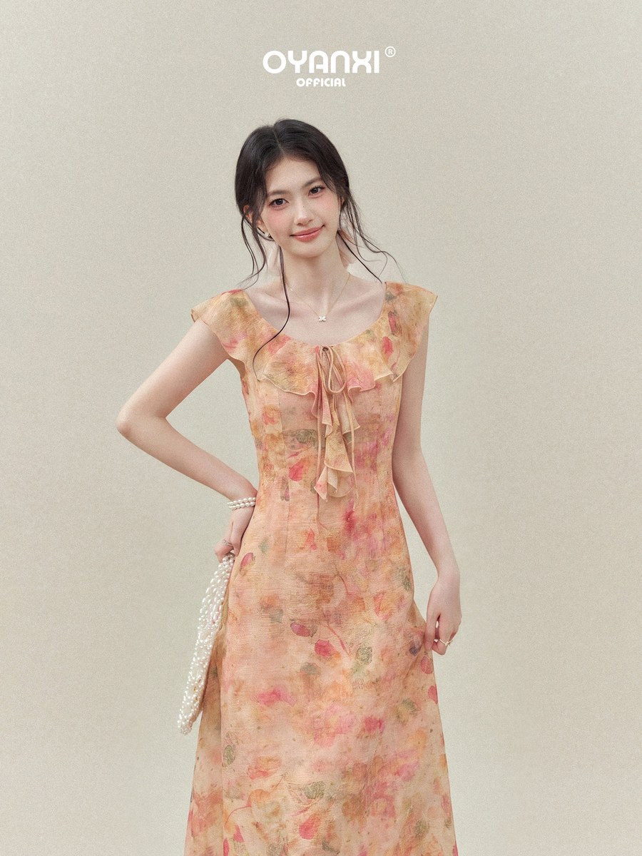 OYANXI フレンチ 花柄 フリルスリーブ ロングワンピース
