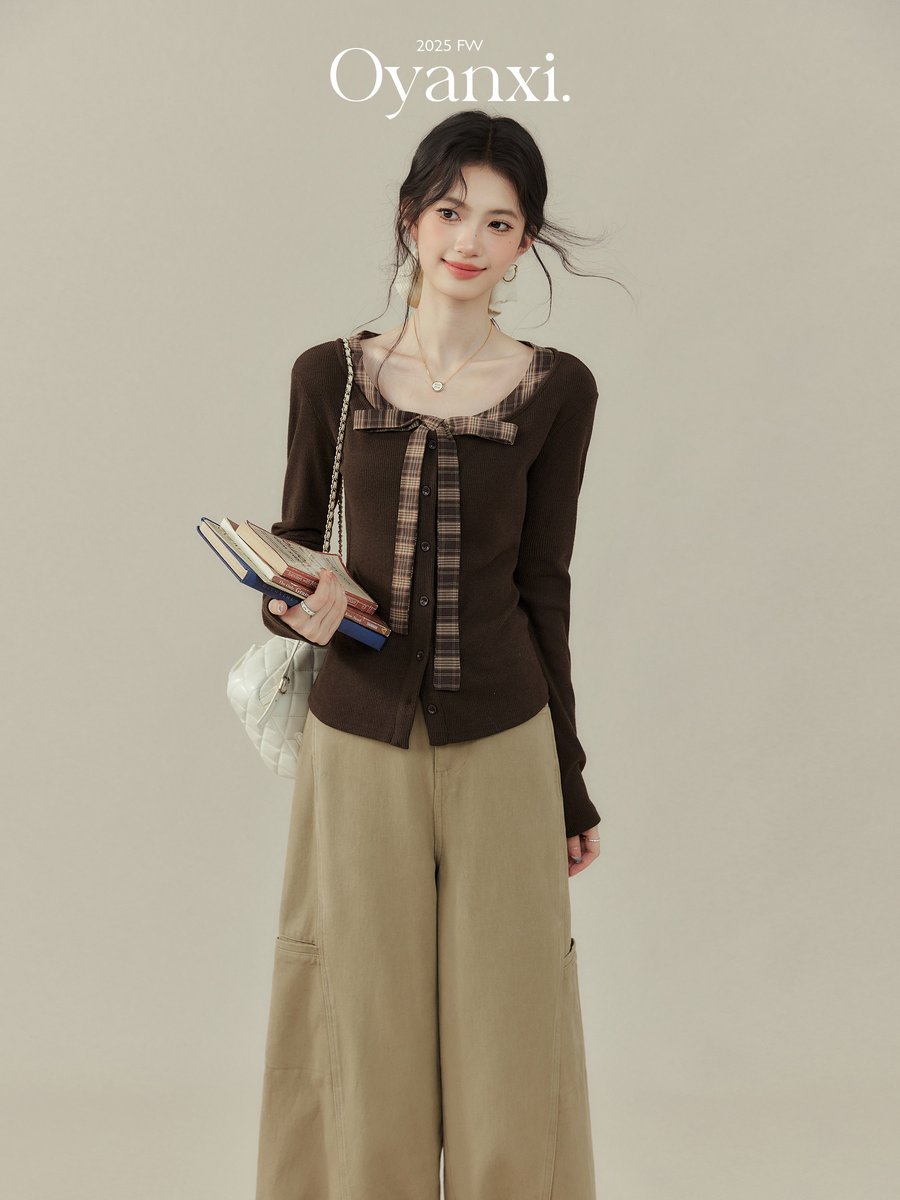 OYANXI ハイウエスト ストレート ワイドパンツ カーキグリーン