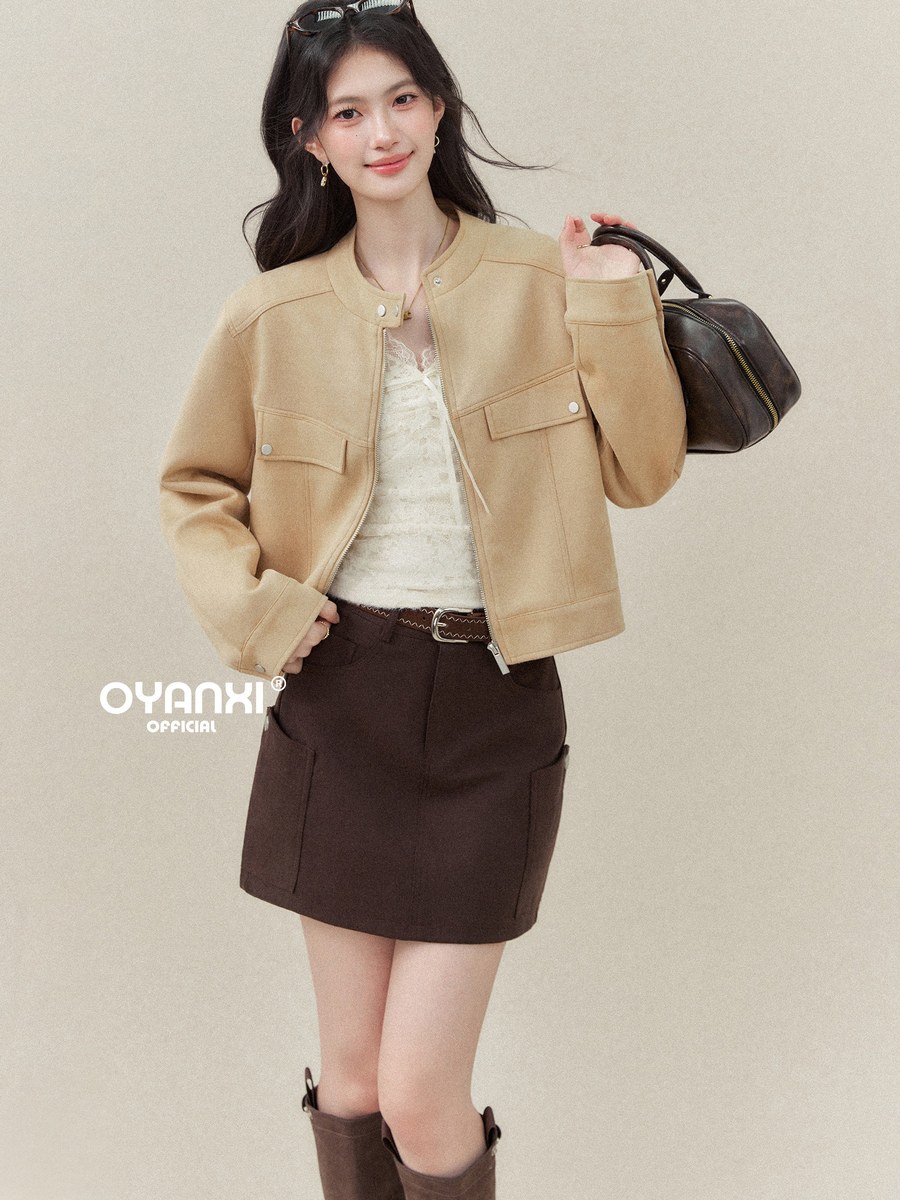 OYANXI スエード調 クルーネック ショート丈ジャケット