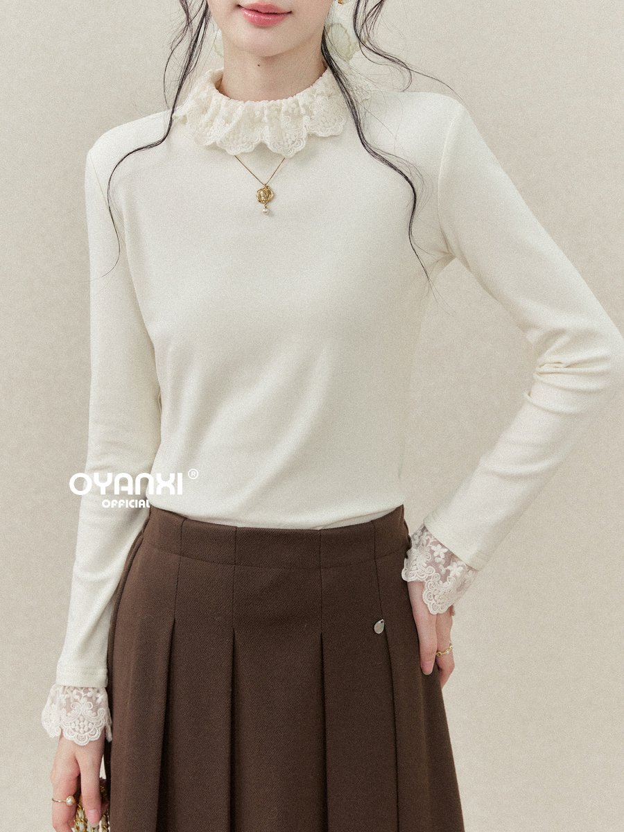 OYANXI レーストリムネック スリム 長袖Tシャツ