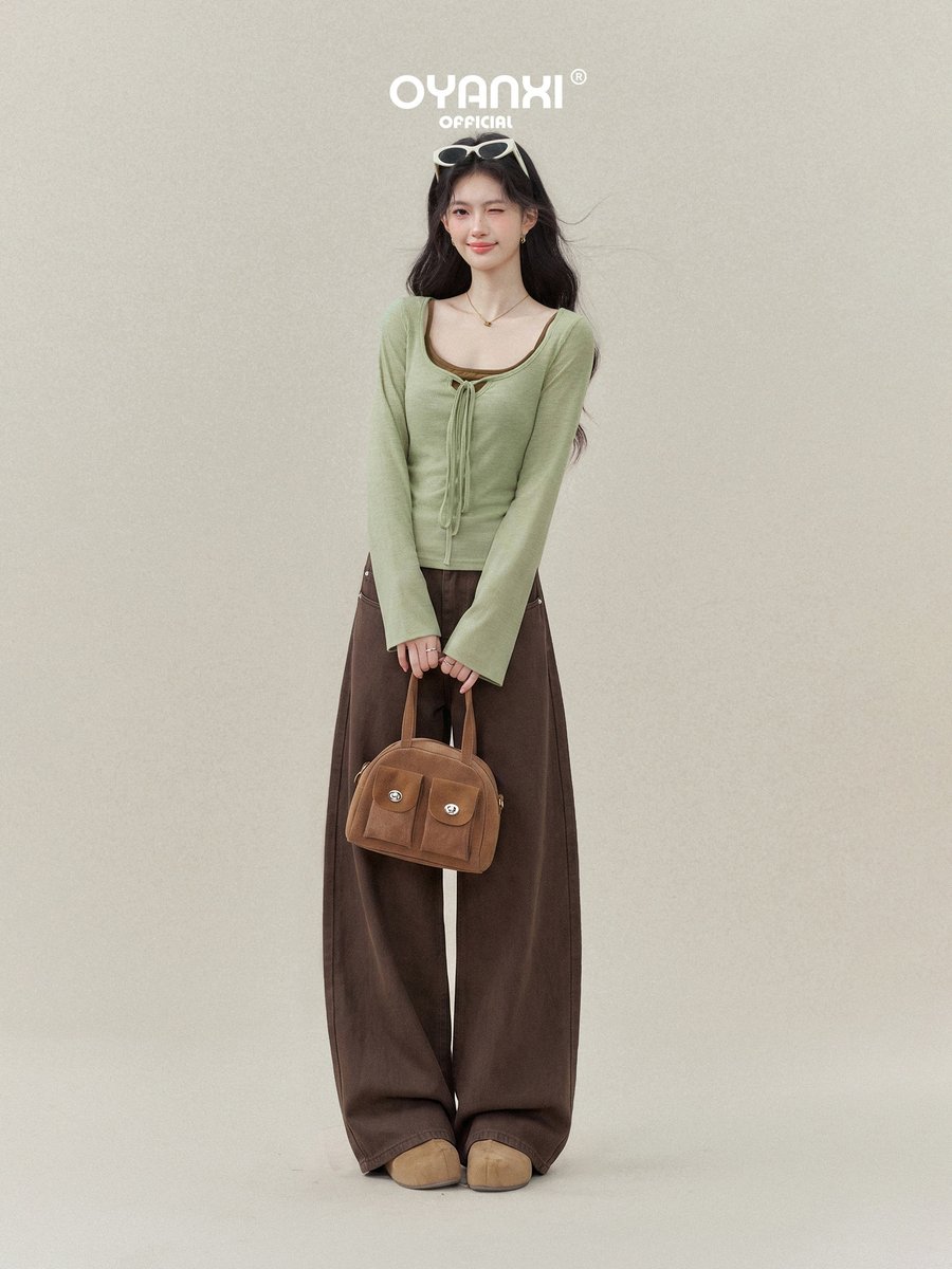 OYANXI ハイウエスト ワイド ロング丈デニムパンツ