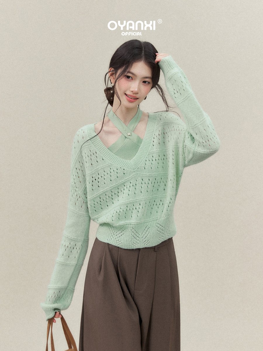 OYANXI ホルターネックキャミ＆透かし編みVネックニット セット