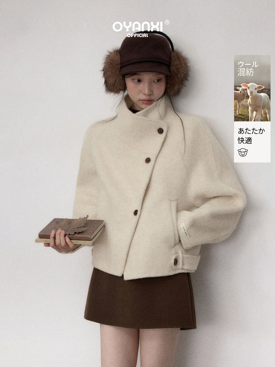 OYANXI ハンドメイドダブルフェイス スタンドカラー ショートコート