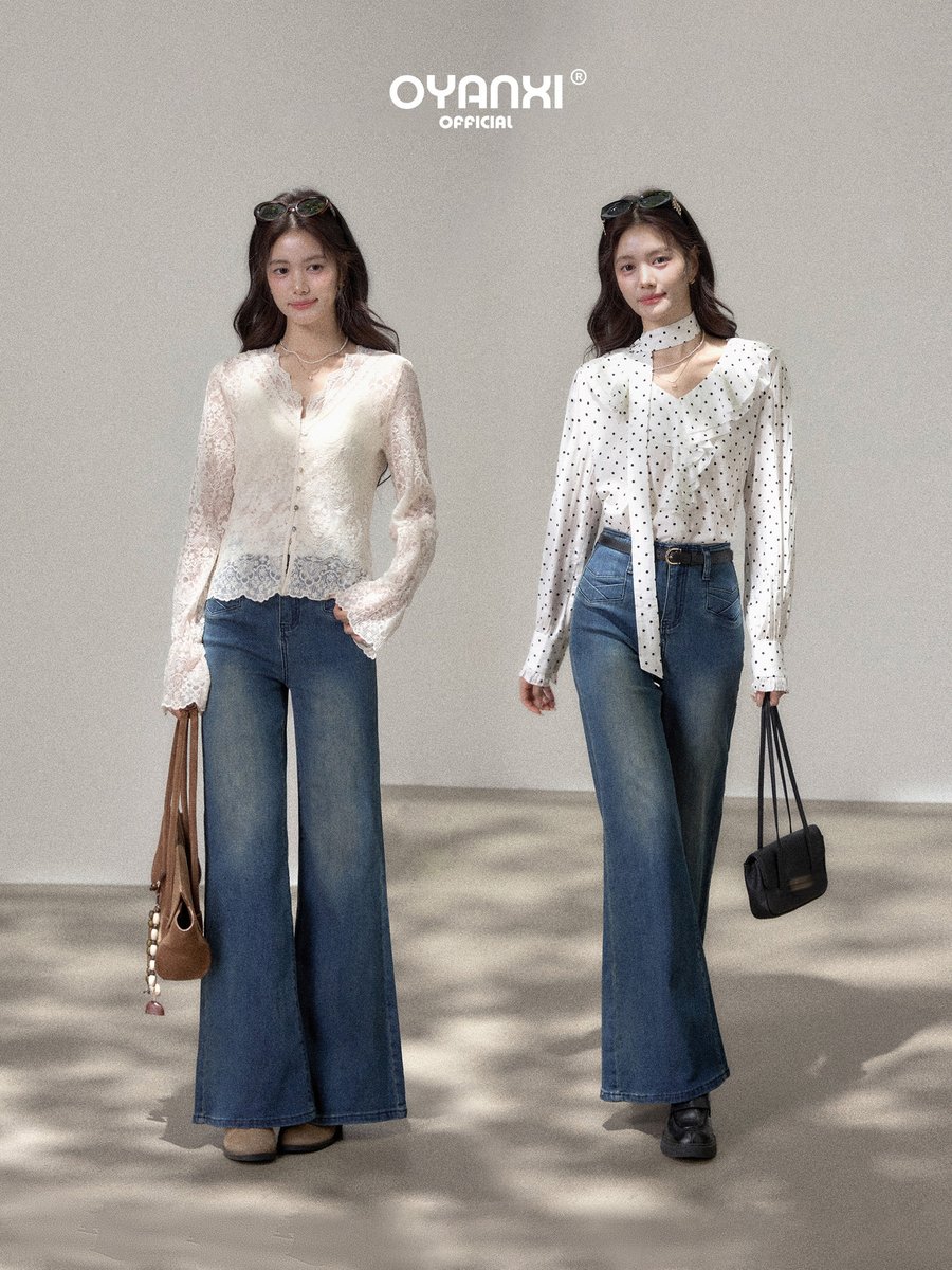 OYANXI ウォッシュド ストレートフレア デニムパンツ