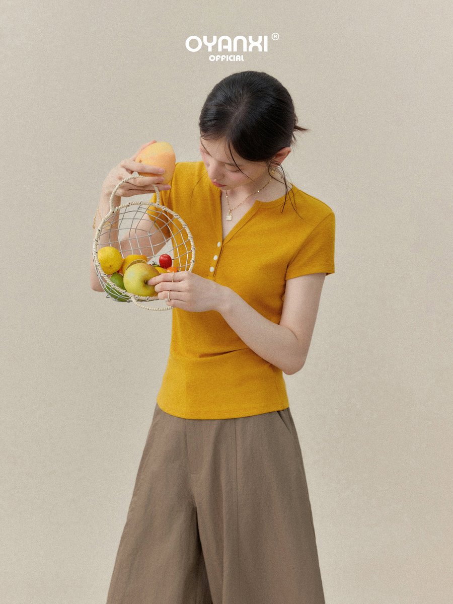 OYANXI Vネック ボタンデザイン 半袖Tシャツ
