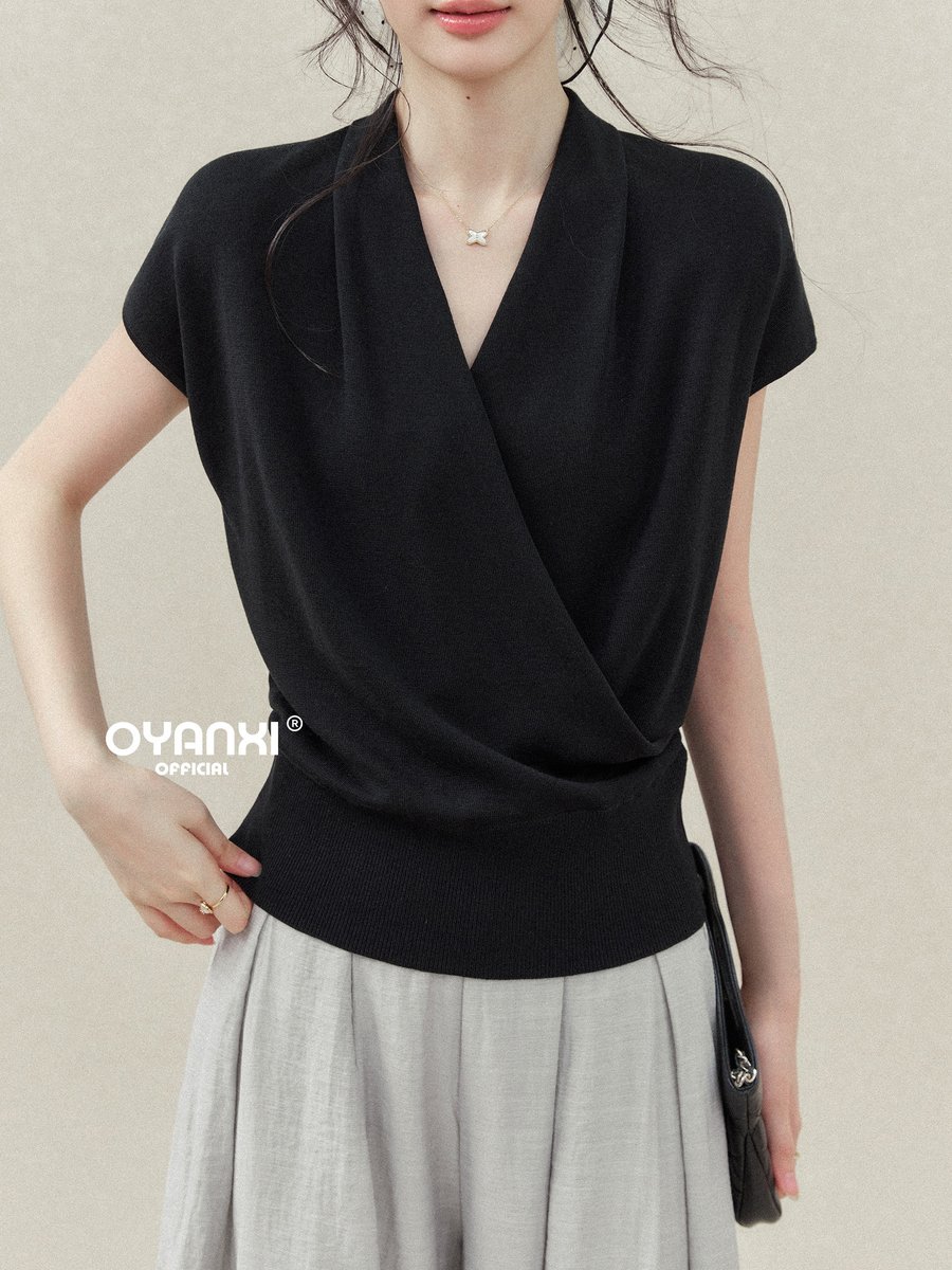 OYANXI Vネック スリム ウエストシェイプ Tシャツ