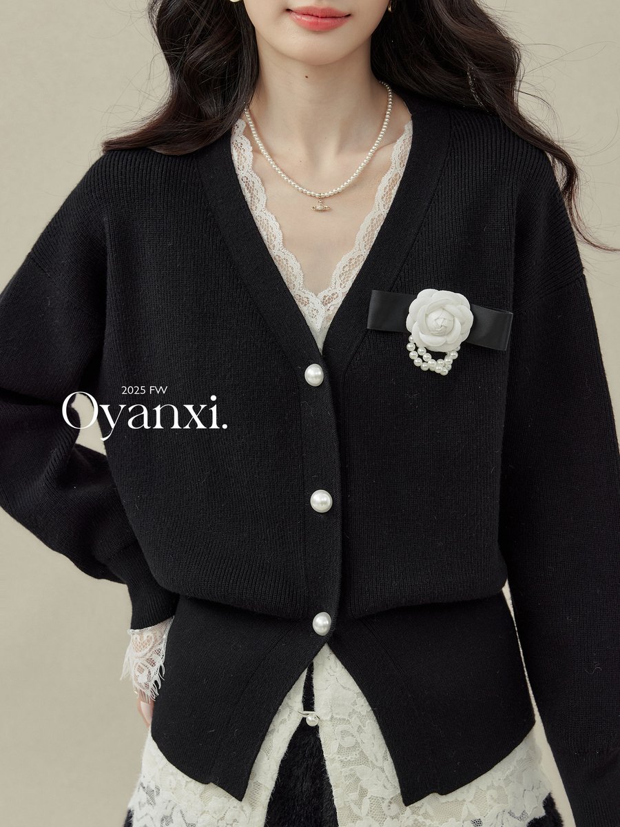 OYANXI Vネック フェイクレイヤード ニットカーディガン