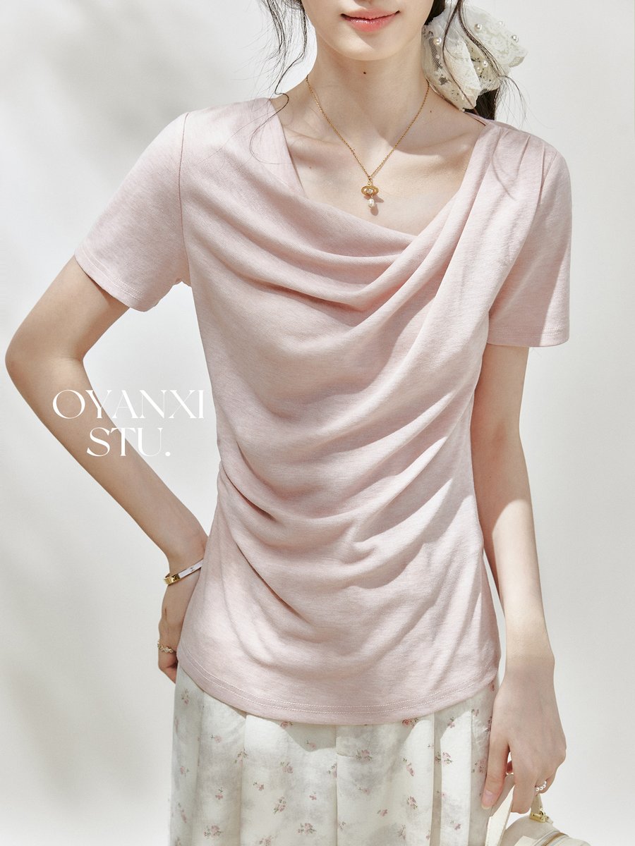 OYANXI ギャザー アシンメトリーネック 半袖Tシャツ ピンク