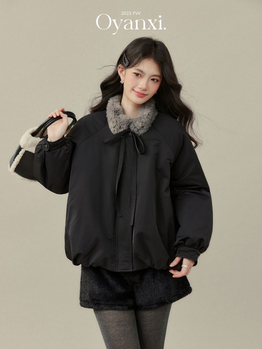 OYANXI リボン付き ファーカラー 中綿ジャケット