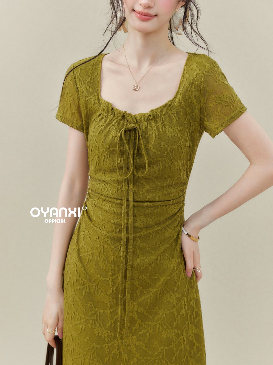 OYANXI レトロ スクエアネック 半袖ロングワンピース