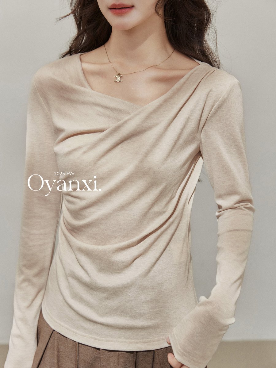 OYANXI ギャザー アシンメトリーネック 長袖Tシャツ