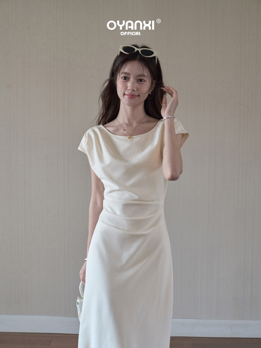 OYANXI ボートネック すっきりシルエット 半袖ロングワンピース