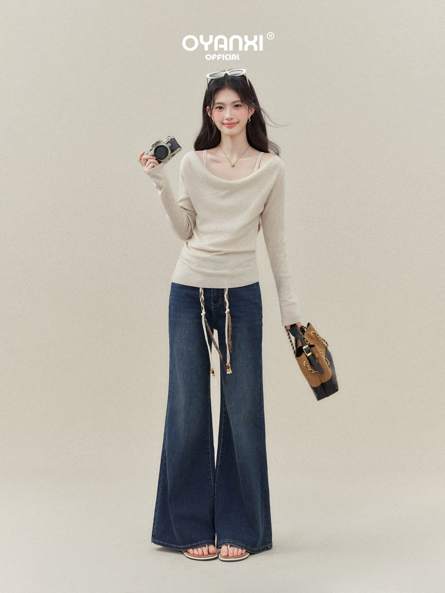 OYANXI ドレープネック フェイクレイヤード ニットトップス