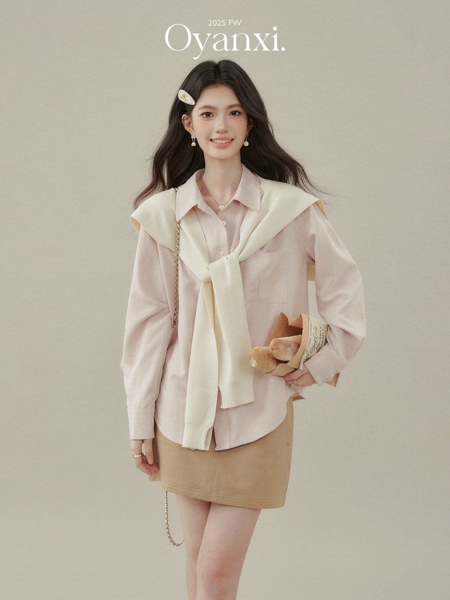 OYANXI ショール付き ポロカラー 長袖シャツ ピンク