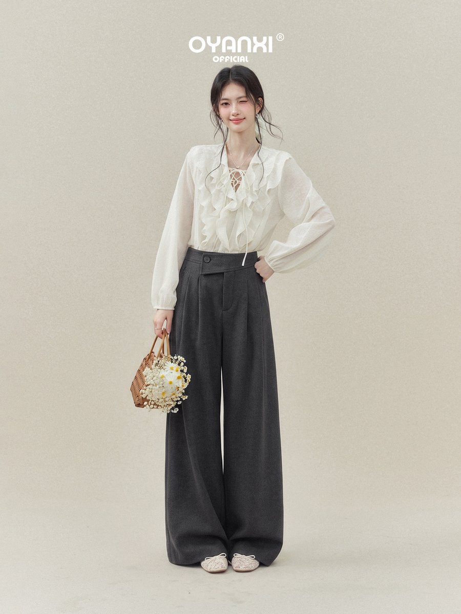 OYANXI タック入り ハイウエスト シンプル ワイドパンツ