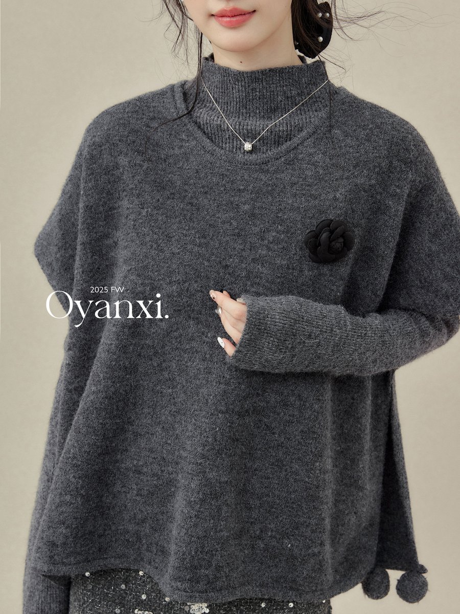 OYANXI ハーフネック ケープ風 ニット2点セット