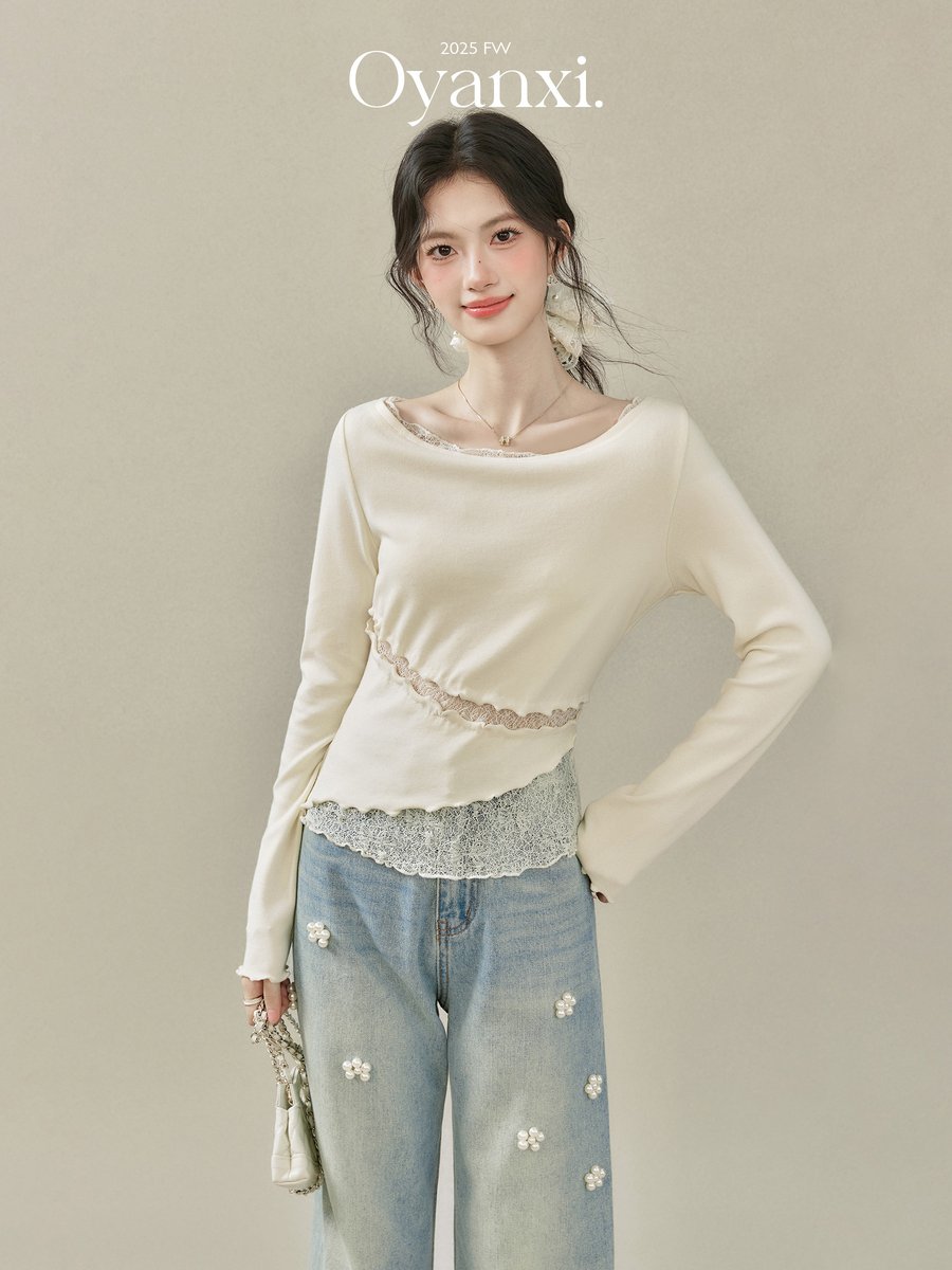OYANXI オフショルダー レース切り替え ニット長袖Tシャツ