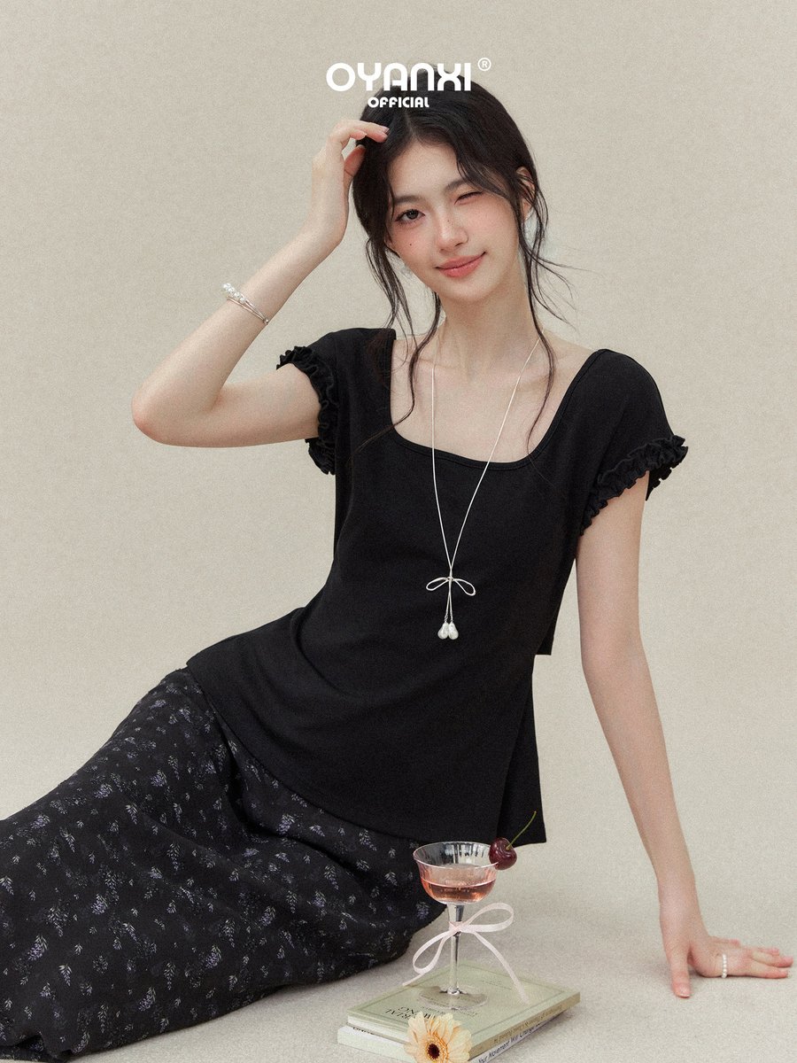 OYANXI スクエアネック フリルスリーブ 半袖Tシャツ