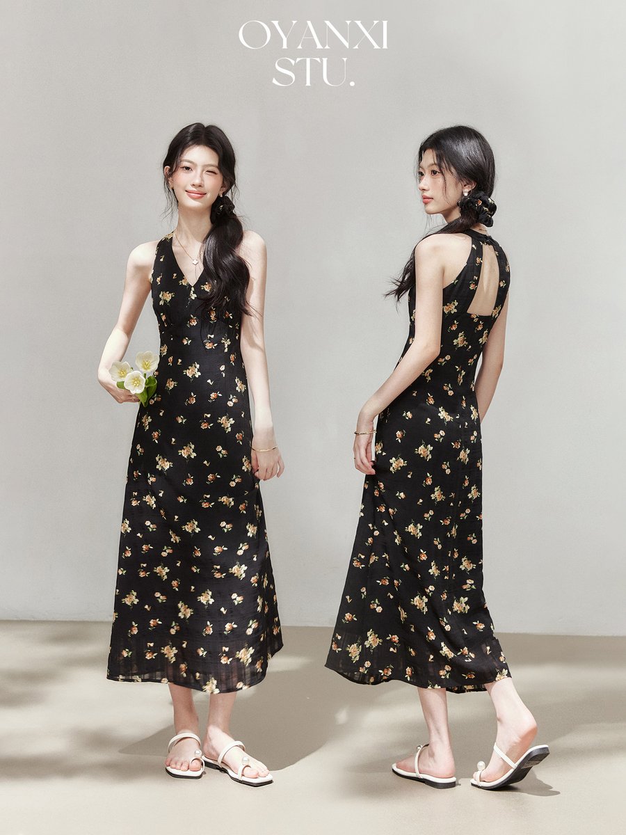 OYANXI 花柄 ホルターネック バックオープンワンピース ブラック