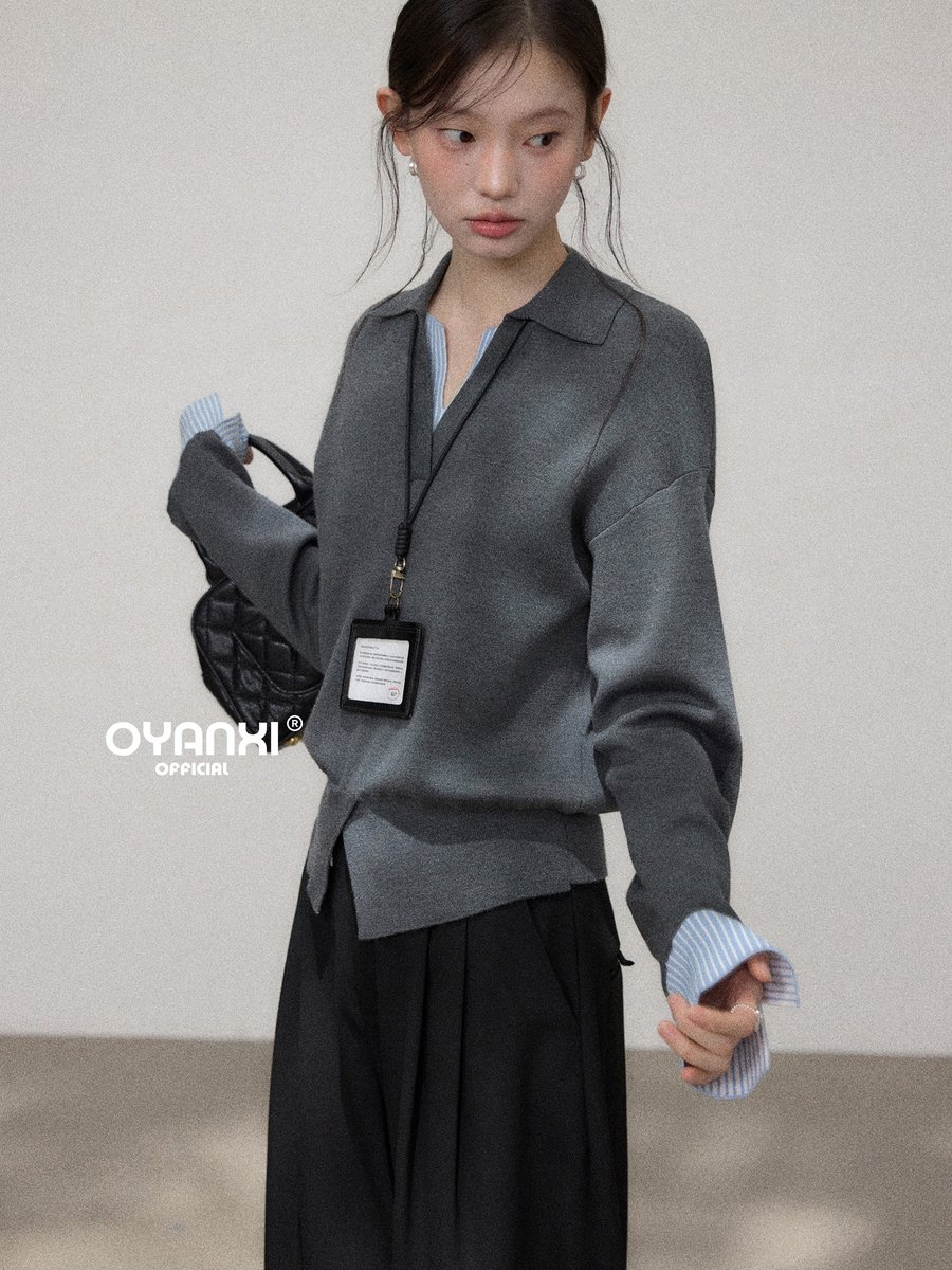 OYANXI 襟付き Vネック フェイクレイヤード ゆったりニット