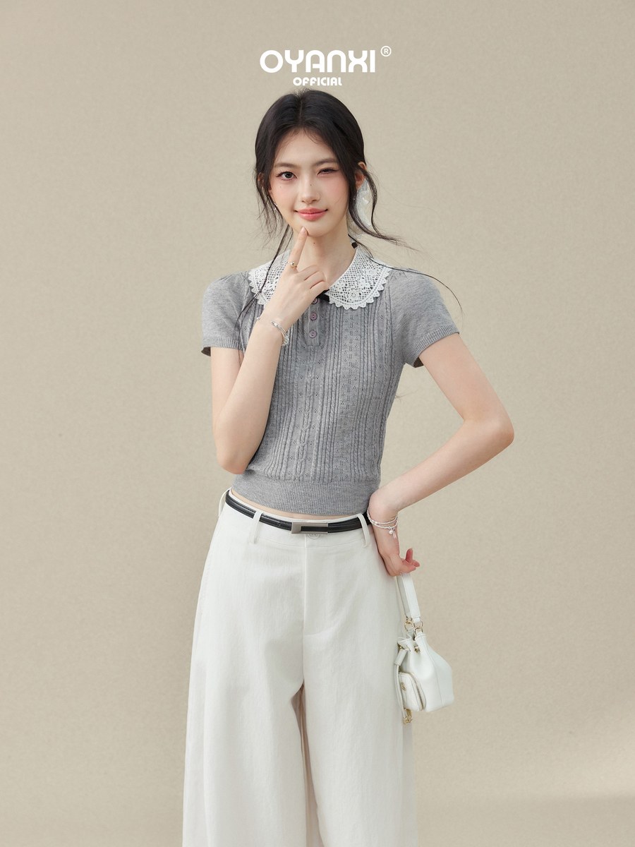 OYANXI レース切り替え 襟付き 半袖ニット