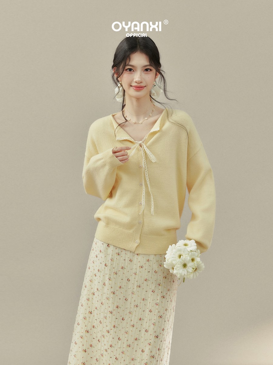 OYANXI レース リボン Vネック ニットカーディガン
