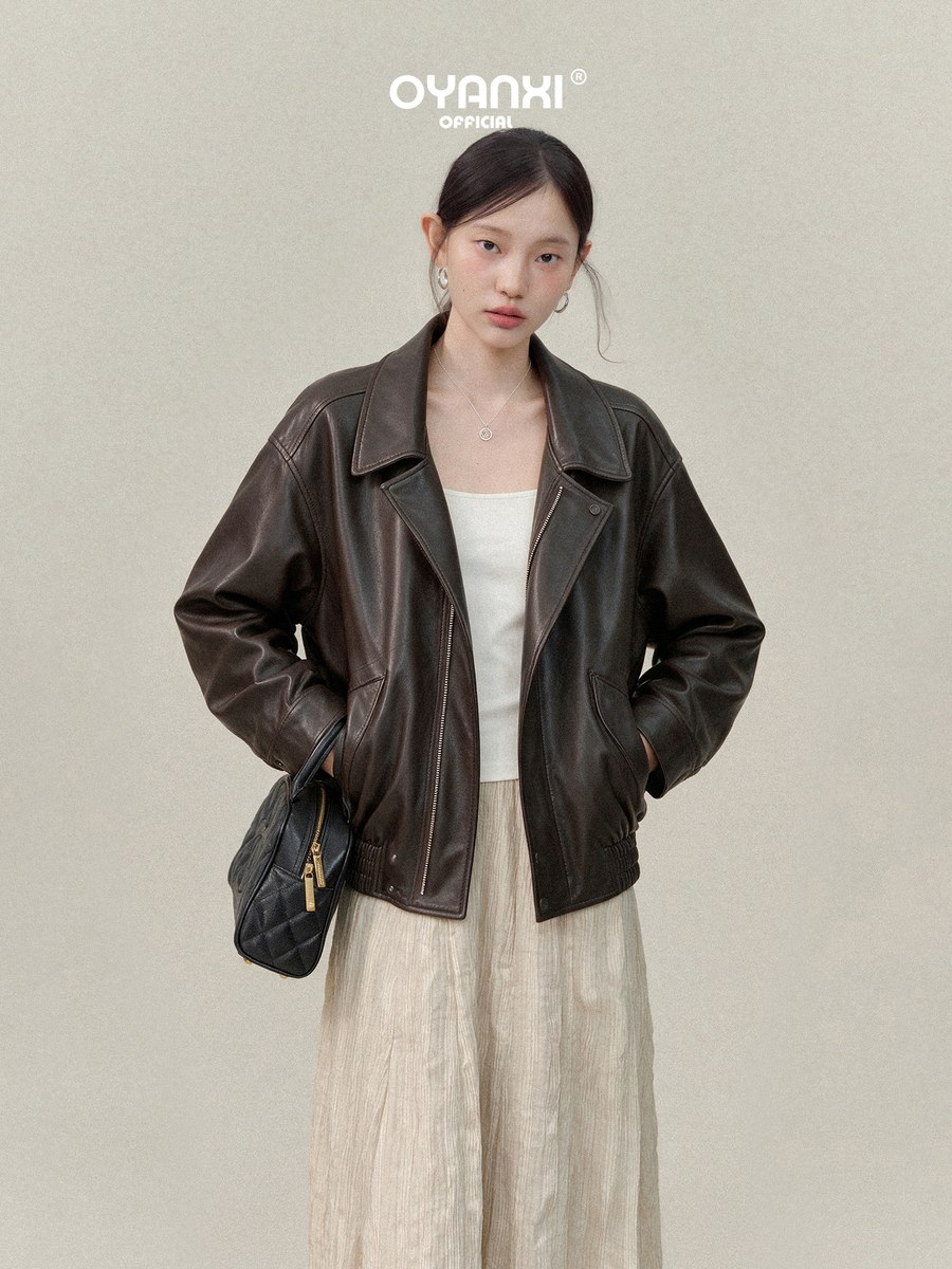 OYANXI 折り襟 ダブル前立て ゆったりレザー調ジャケット
