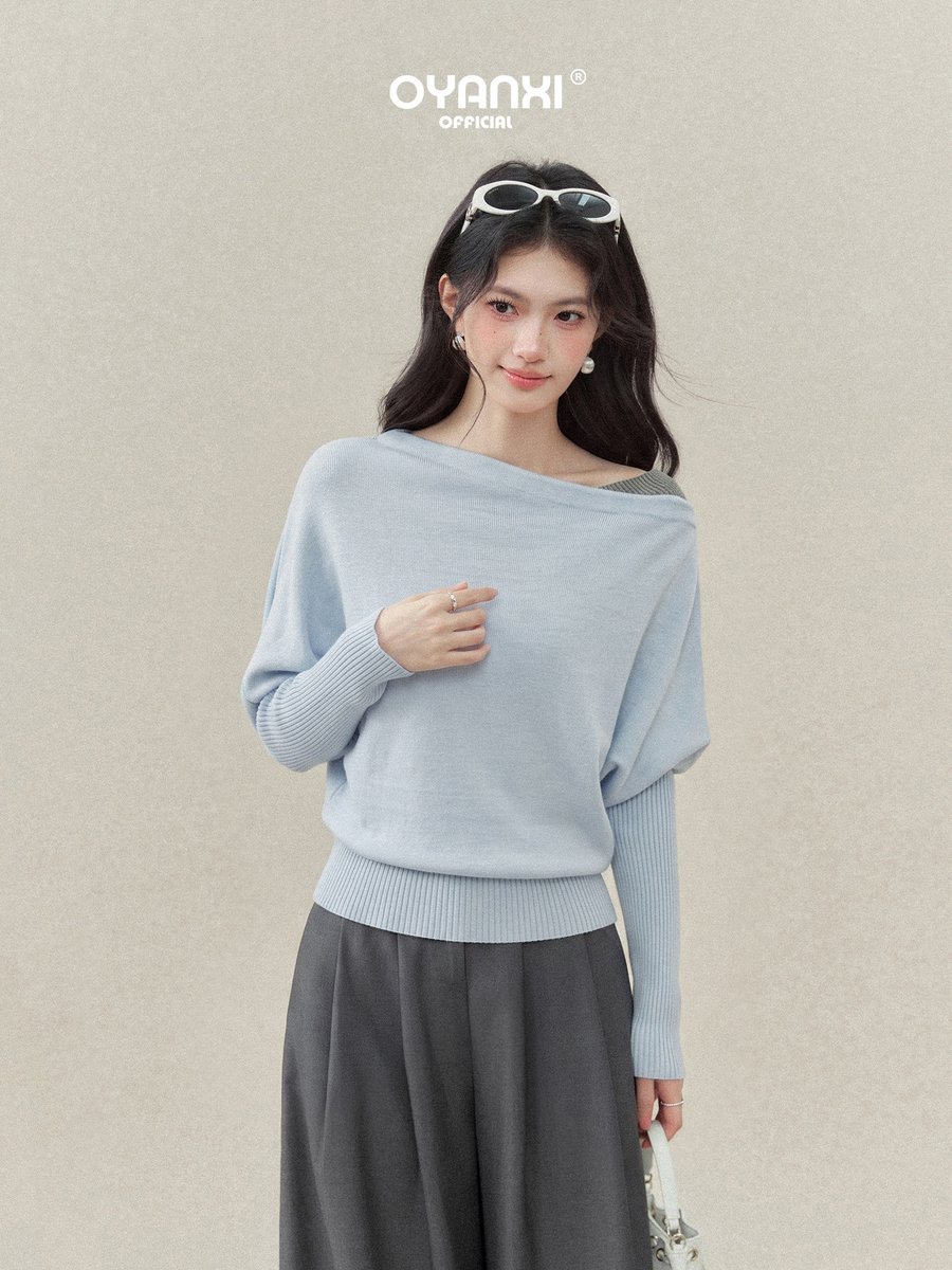 OYANXI フェイクレイヤード アシンメトリーネック ニットトップス