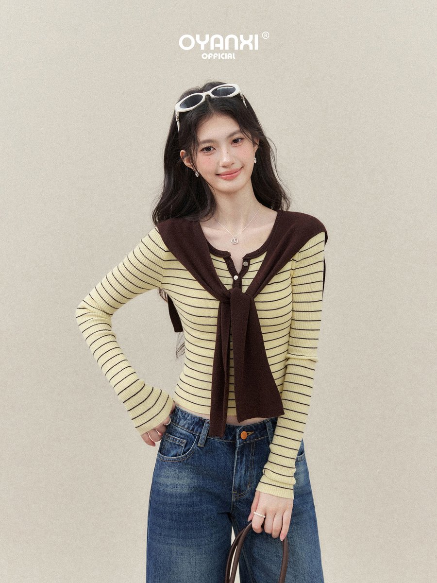 OYANXI ケープ付き フェイクレイヤード ボーダーニット