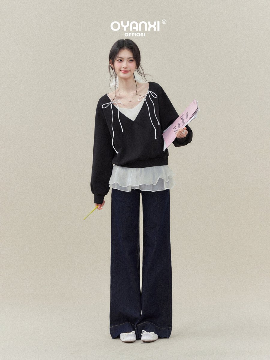 OYANXI レース切り替え Vネック フェイクレイヤード スウェット