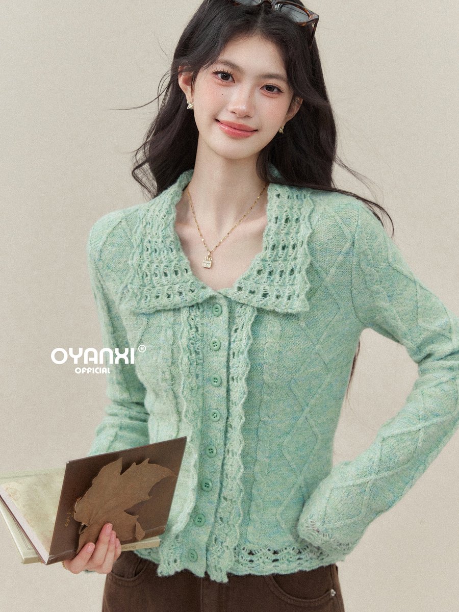 OYANXI フリル 透かし編み 折り襟 ニットカーディガン