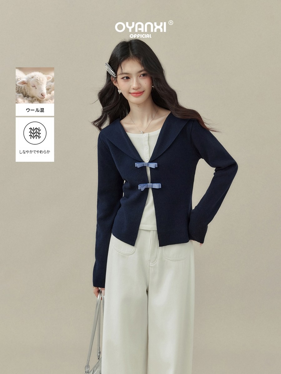OYANXI セーラーカラー フェイクレイヤード ニットトップス