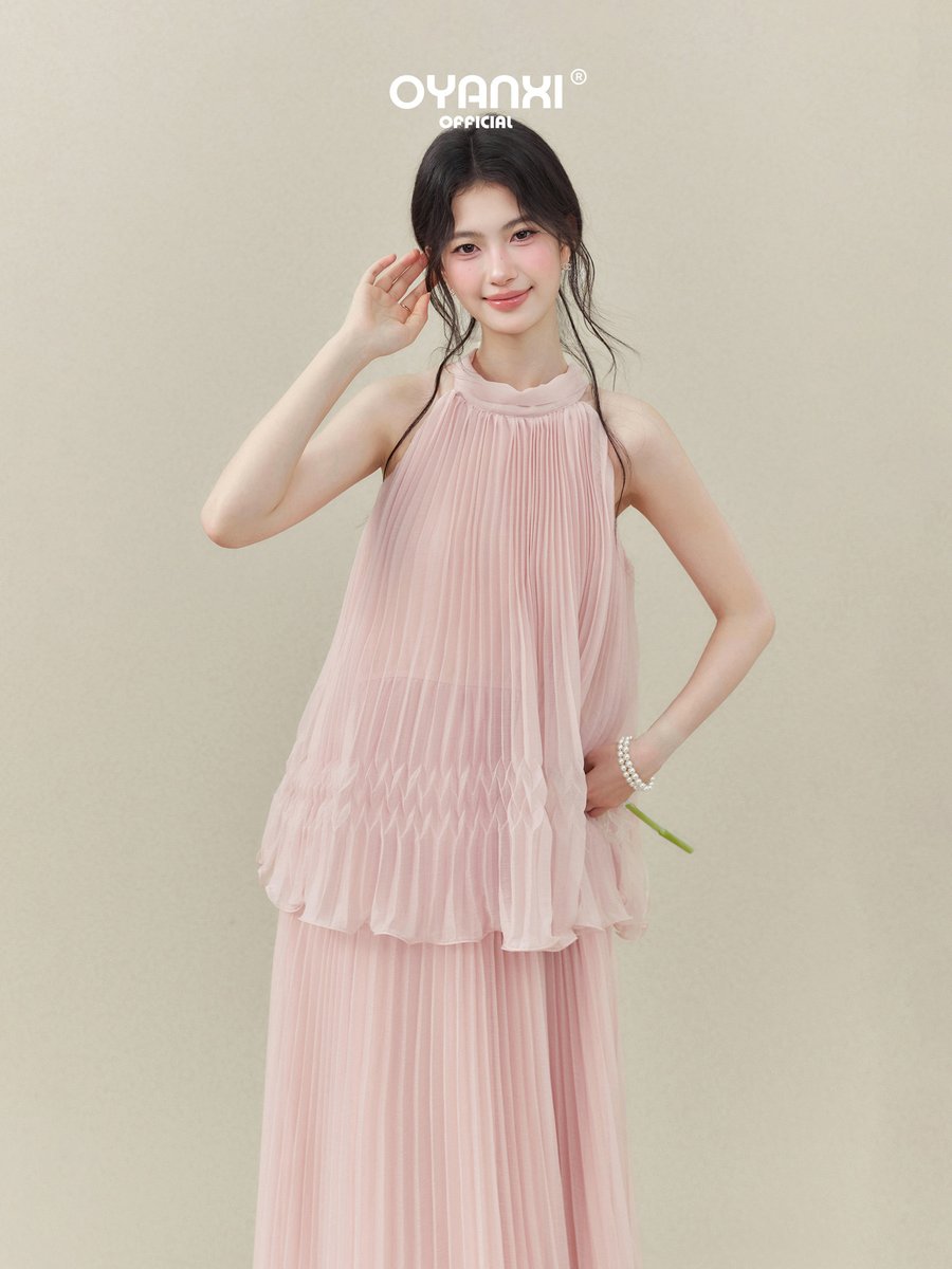 OYANXI ホルターネック オフショルダー プリーツワンピース