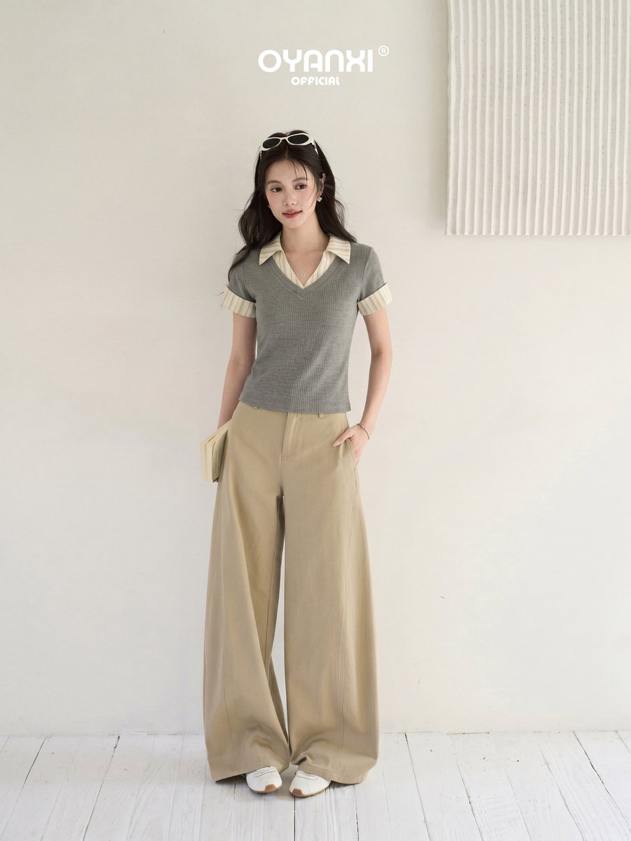 OYANXI 襟付き フェイクレイヤード ショート丈 半袖Tシャツ