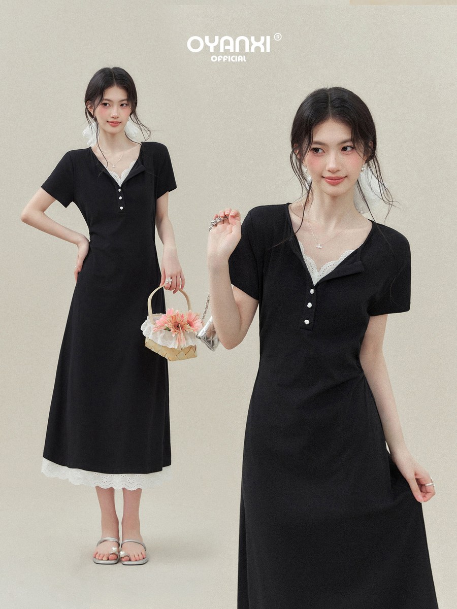 OYANXI フェイクレイヤード Vネック 半袖Aラインワンピース