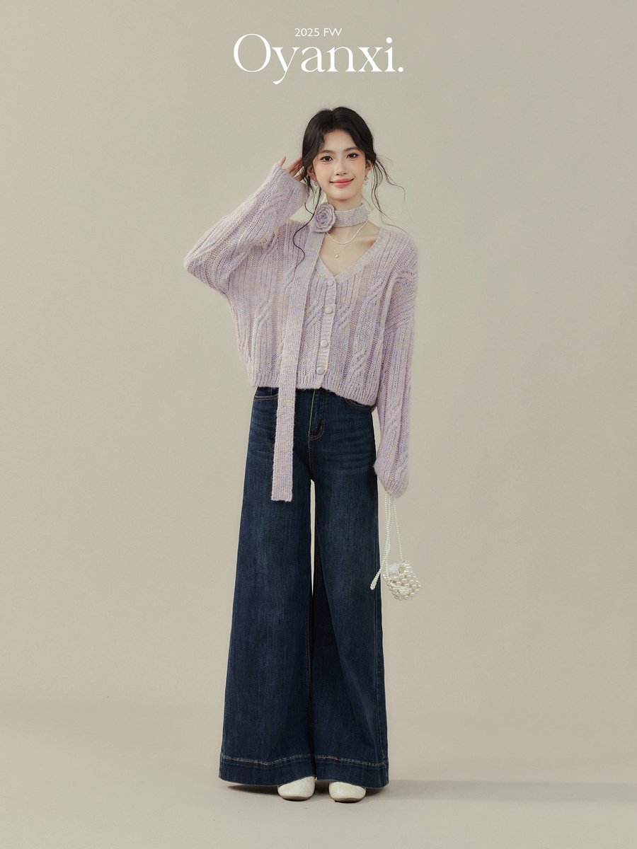 OYANXI リボンタイ Vネック 長袖ニット パープル