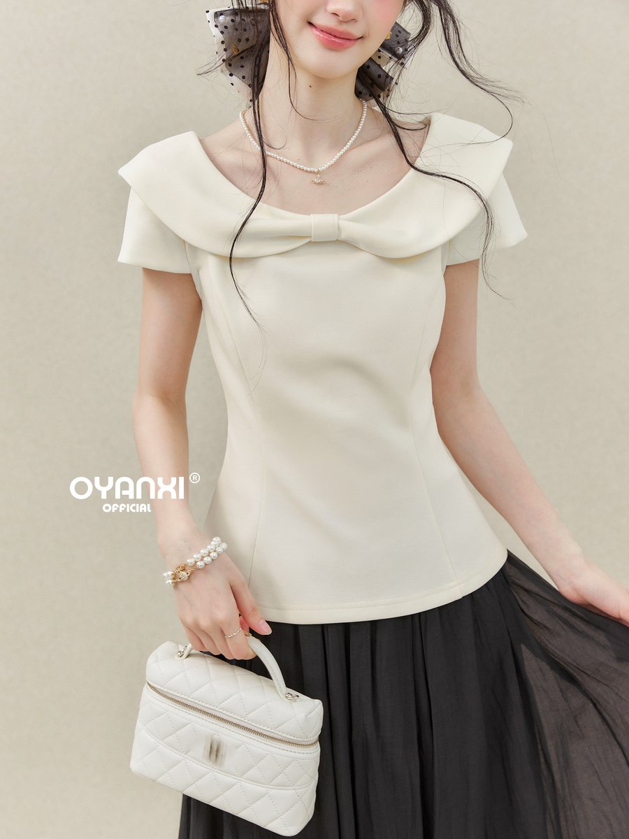 OYANXI 丸襟 リボン フリルスリーブ 半袖Tシャツ