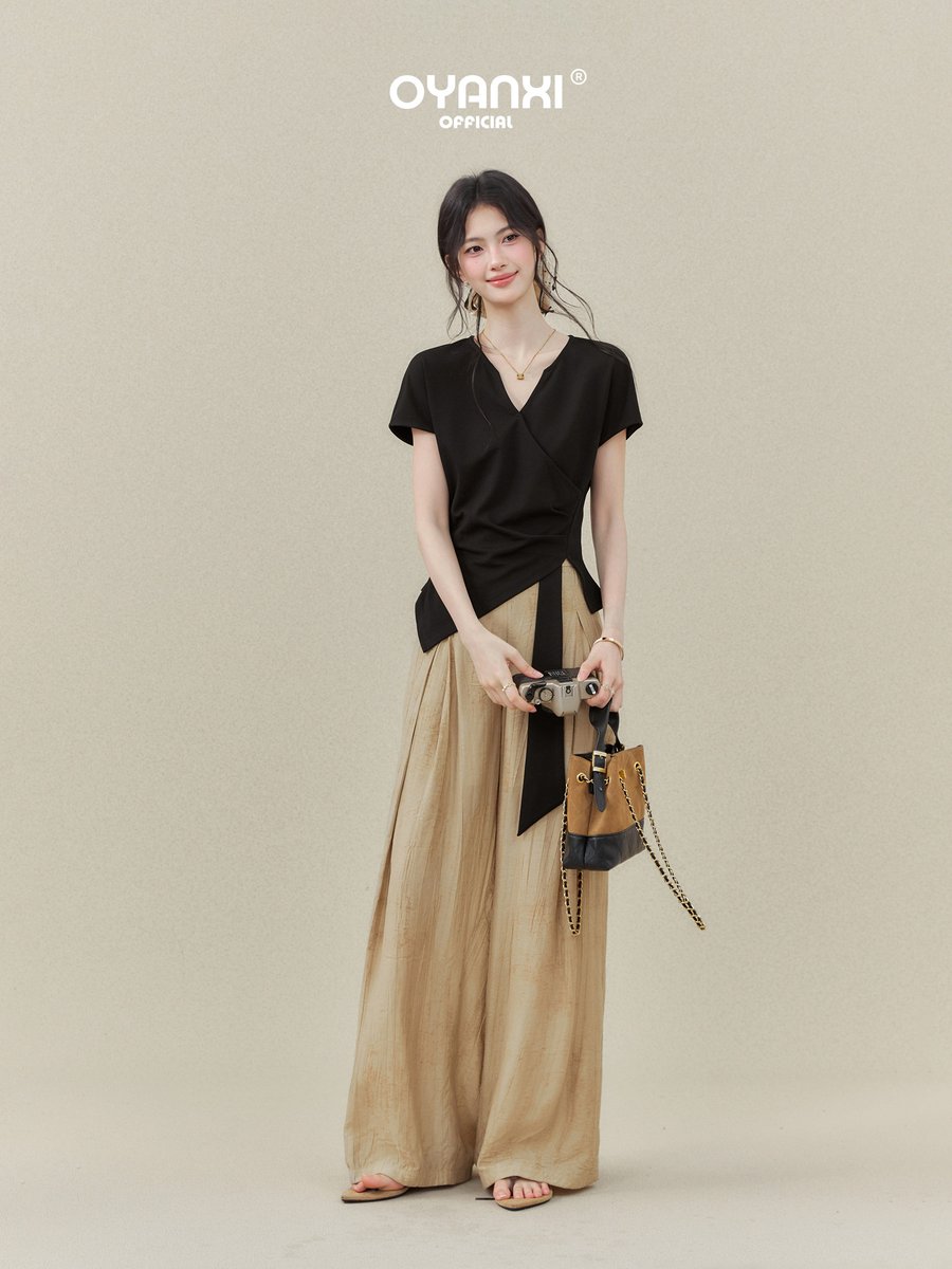 OYANXI アシンメトリーヘム Vネック 半袖Tシャツ